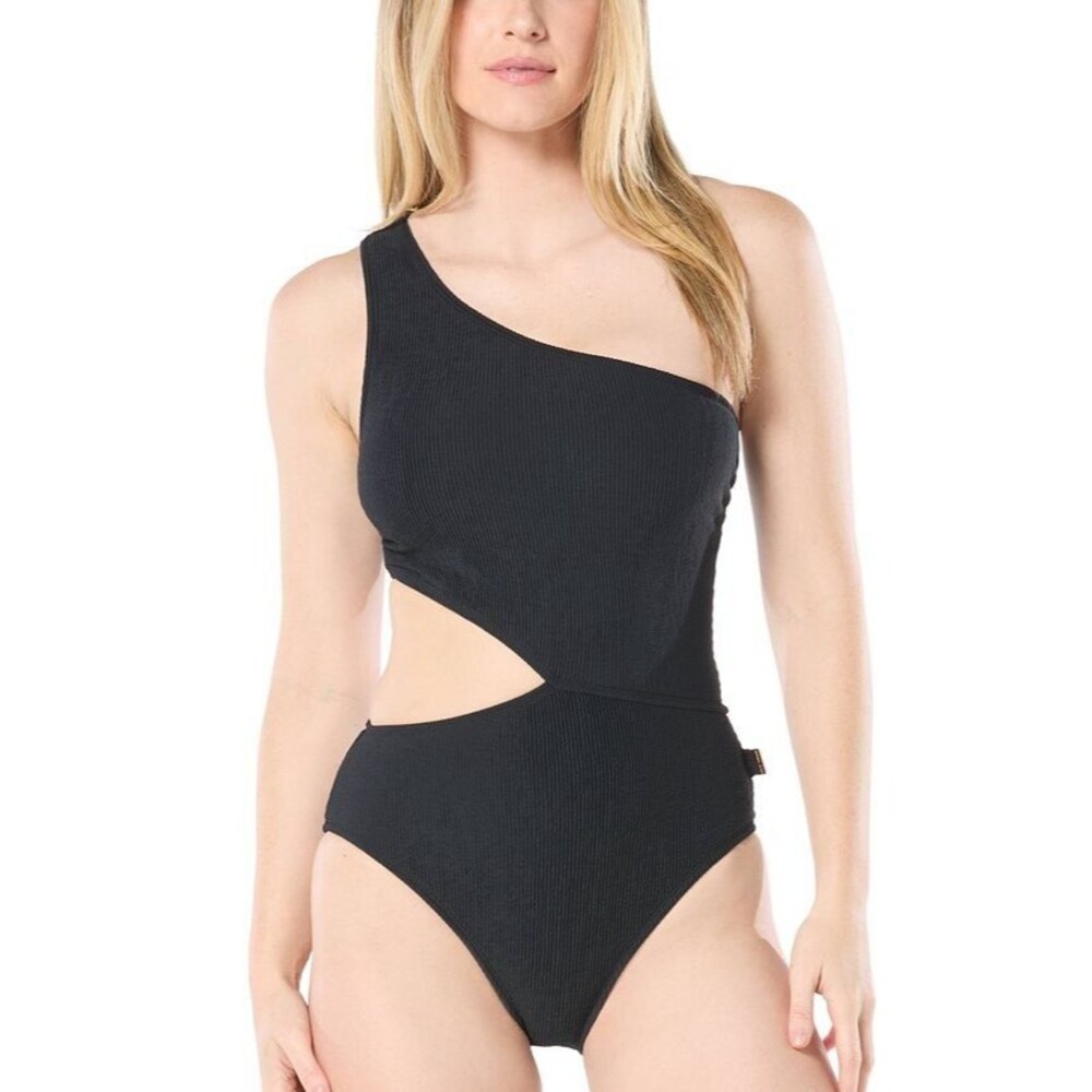 MICHAEL Michael Kors Women's Ribbed One-Shoulder Side-Cutout Swimsuit Black 14